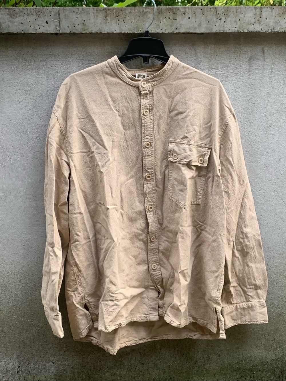 Men's Tan Tilley Button-Up Collarless Cotton Shirt Size XL